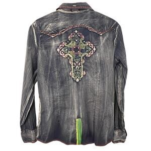 Roar Women's Embroidered Jeweled Button Long Sleeve Shirt M Blue Cowgirl